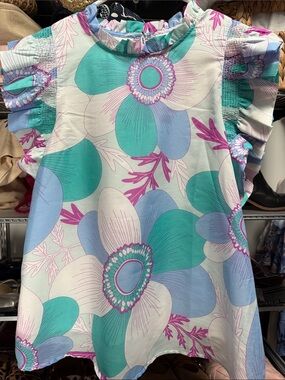 j.marie Floral Blouse in White with Pink, Aqua & Blue Accents